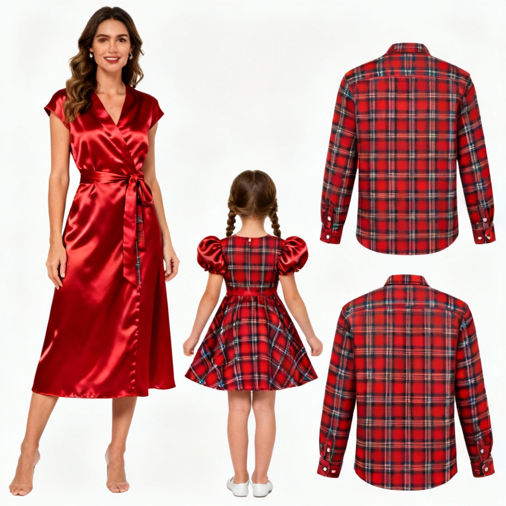 AI matching family Christmas outfits red plaid mommy and me dresses