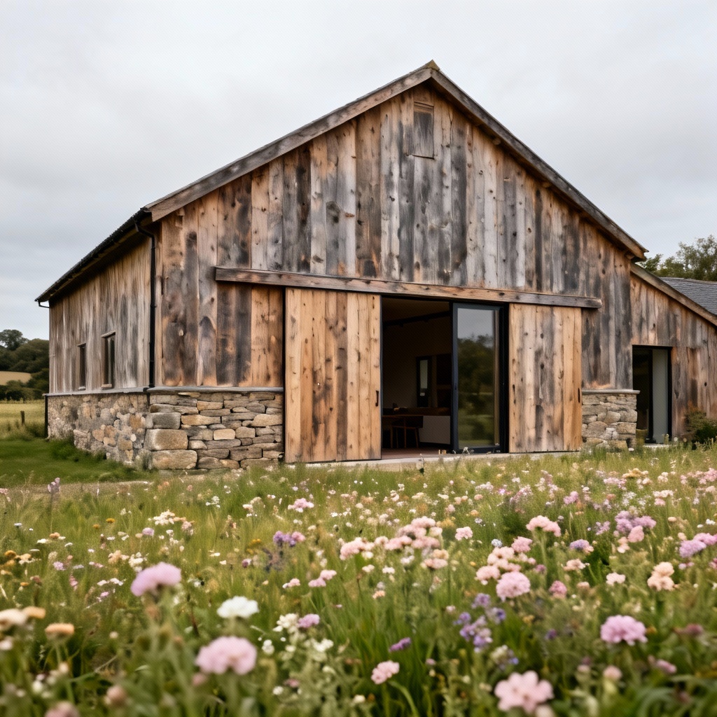 AI rustic wooden barn conversion home in a meadow