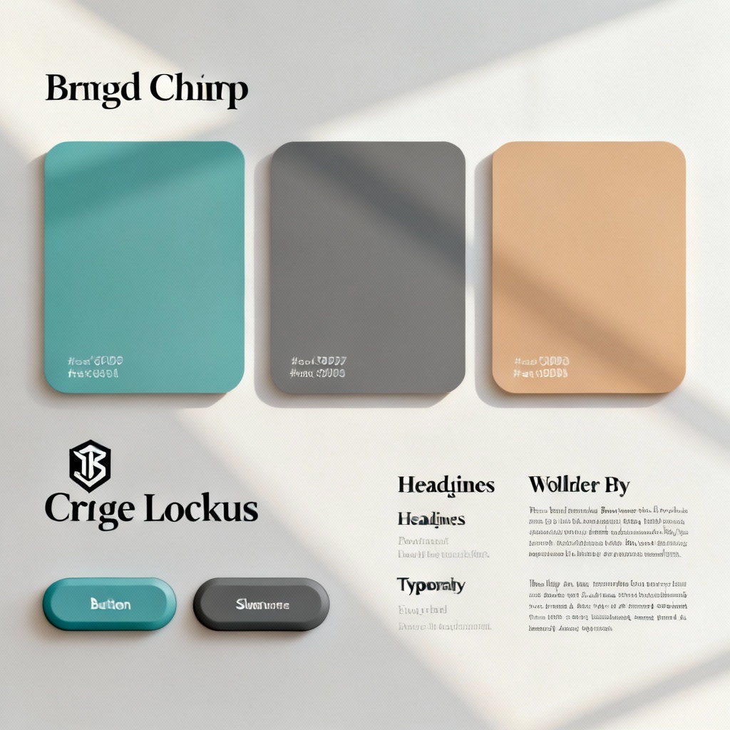 Muted teal brand kit board with color chips and typography