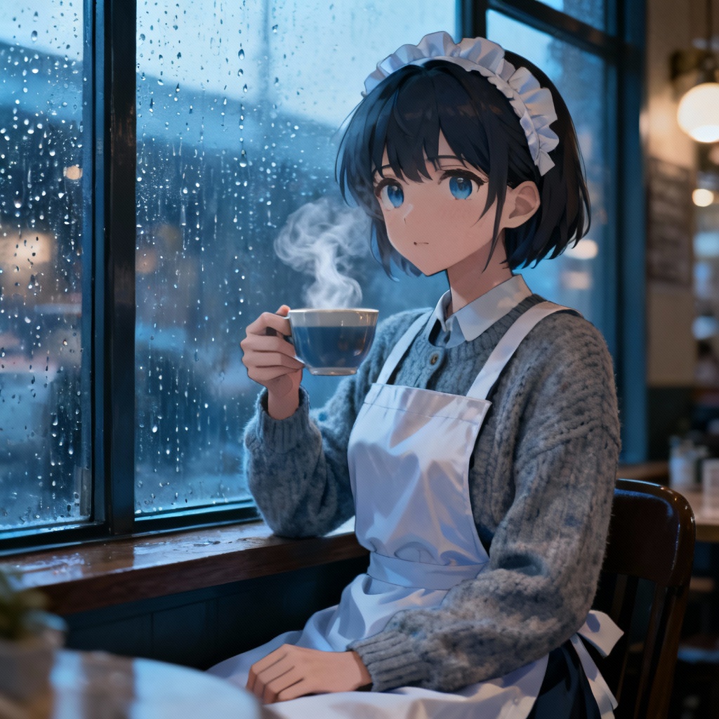 AI waifu maid relaxing by rainy cafe window
