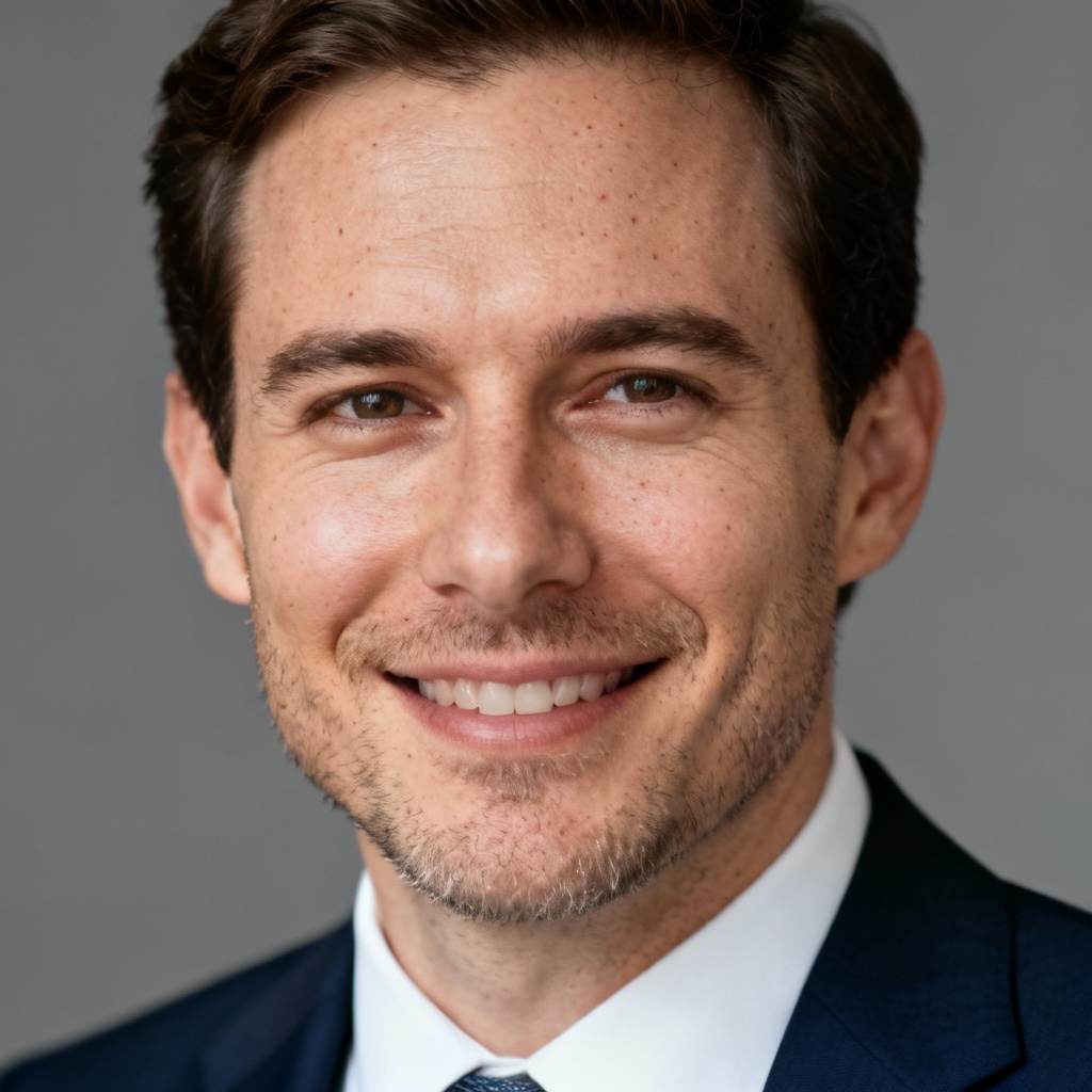 AI office man portrait in navy suit with soft studio lighting