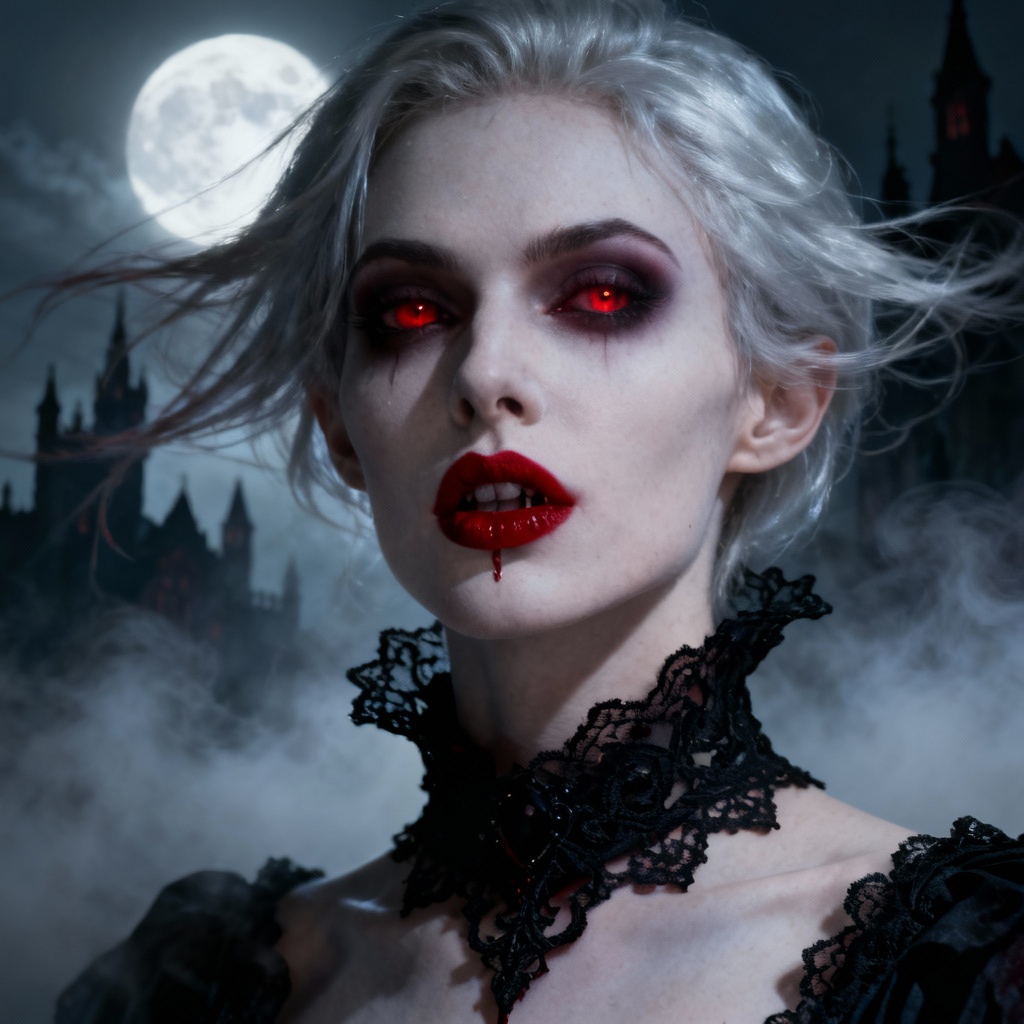 AI vampire portrait under a crimson moon with gothic styling