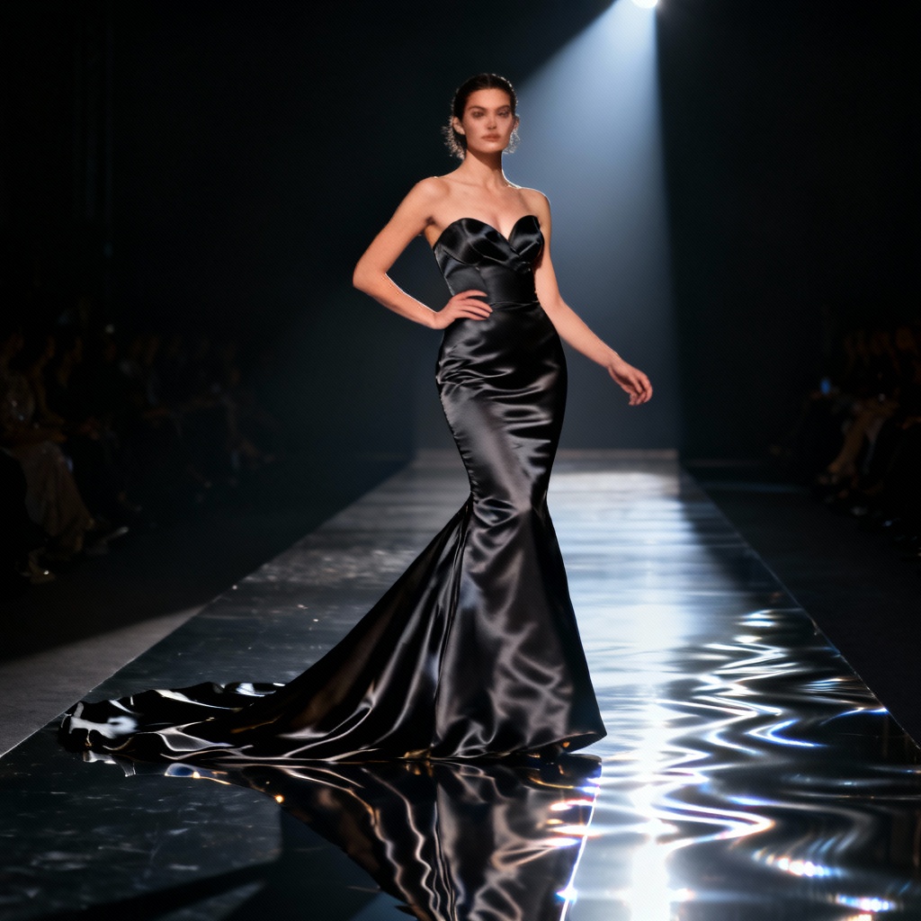 AI satin mermaid gown with flowing train on runway