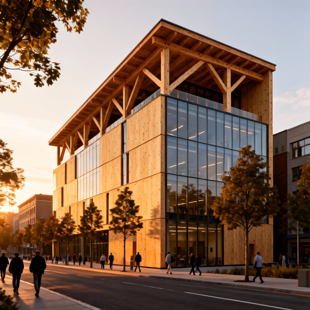 AI modern CLT office building with glass and exposed timber