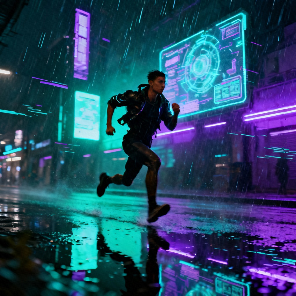 AI cyberpunk dark style runner with neon lights and rain