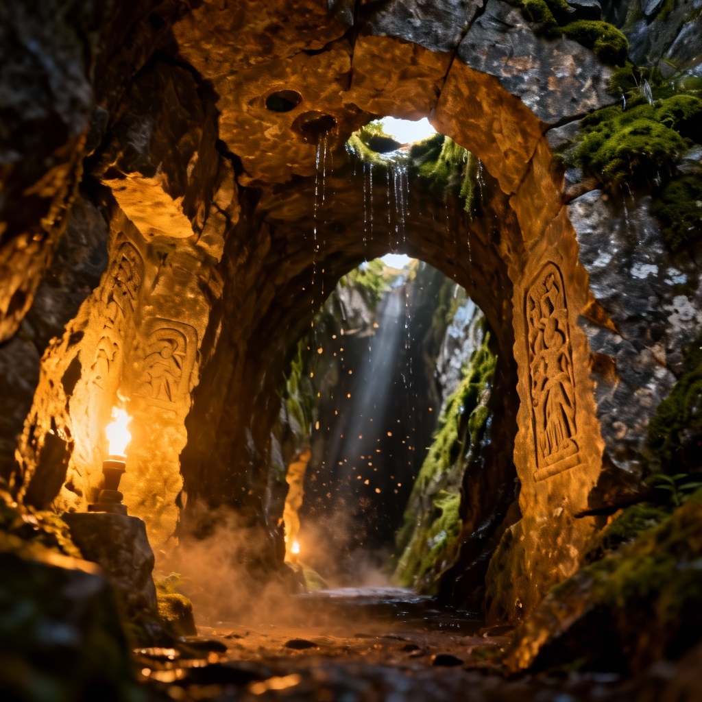 AI ancient stone tunnel with torchlight