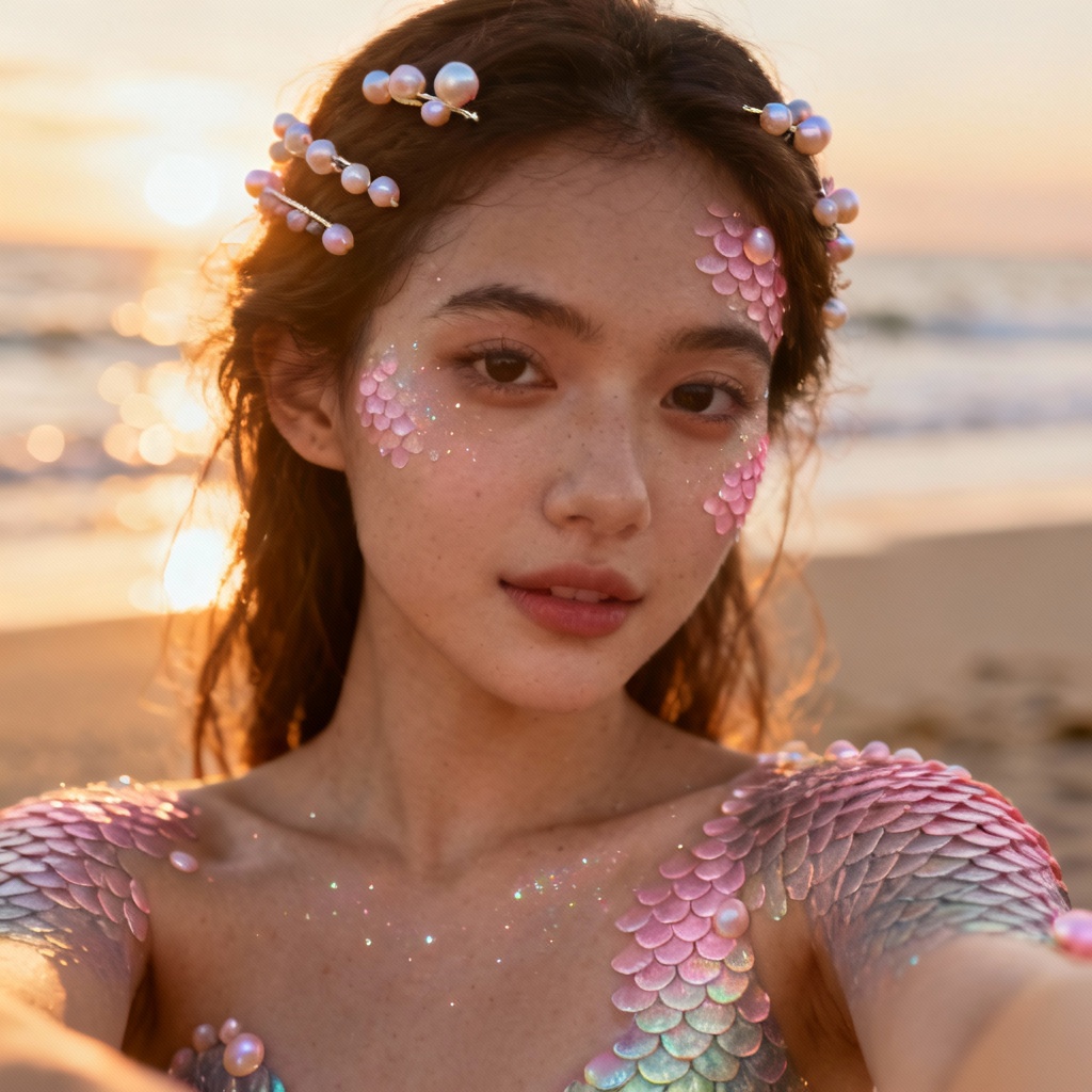 Mermaid selfie filter with pastel pearls and soft beach dusk