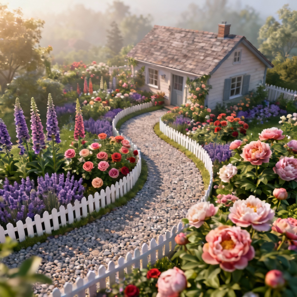 AI flower garden plan with cottage path and borders