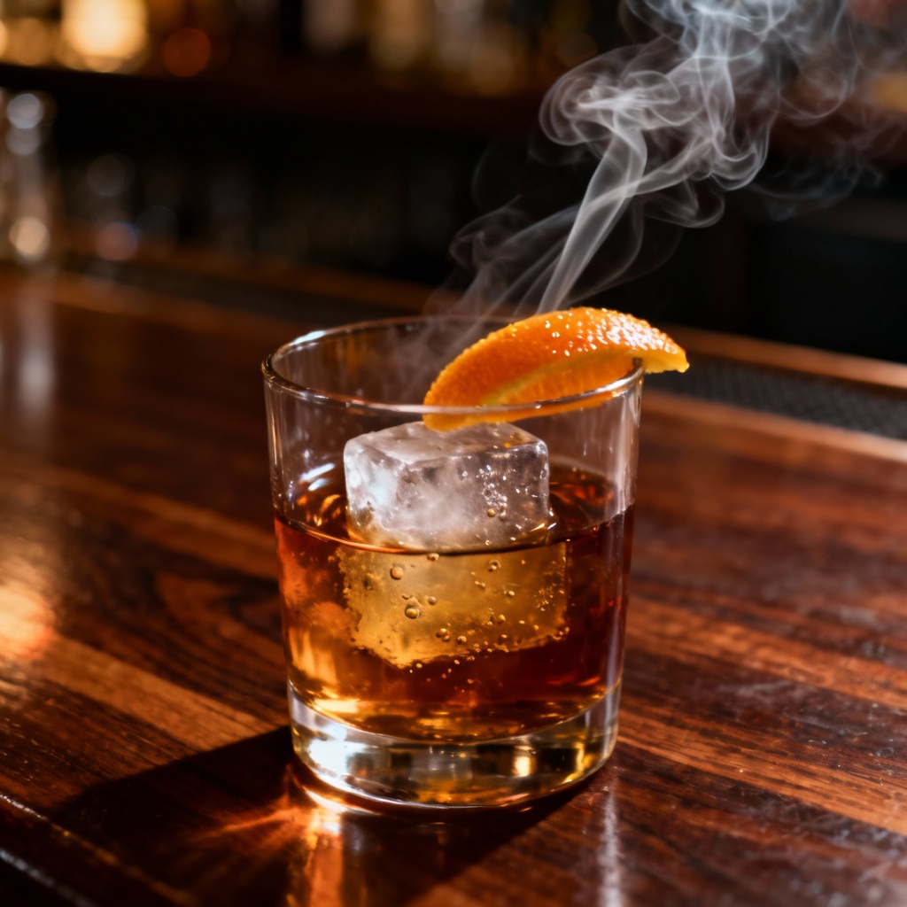 AI photo of smoked old fashioned with orange peel and large clear ice