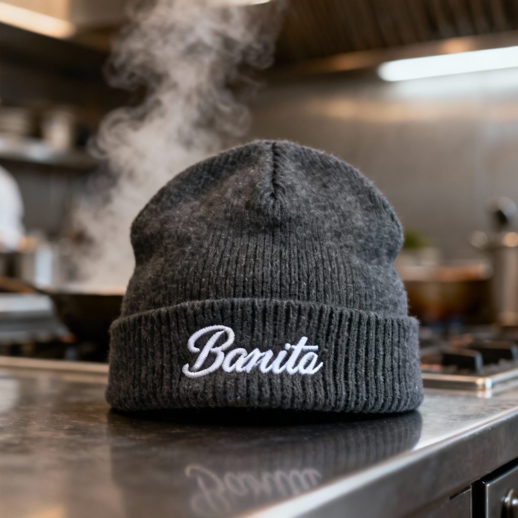 AI branded catering beanie hat product photo