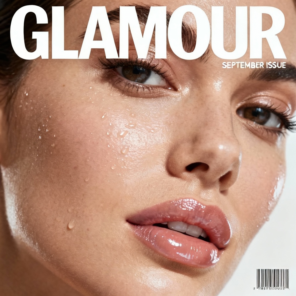 AI beauty close-up editorial cover with clean typography