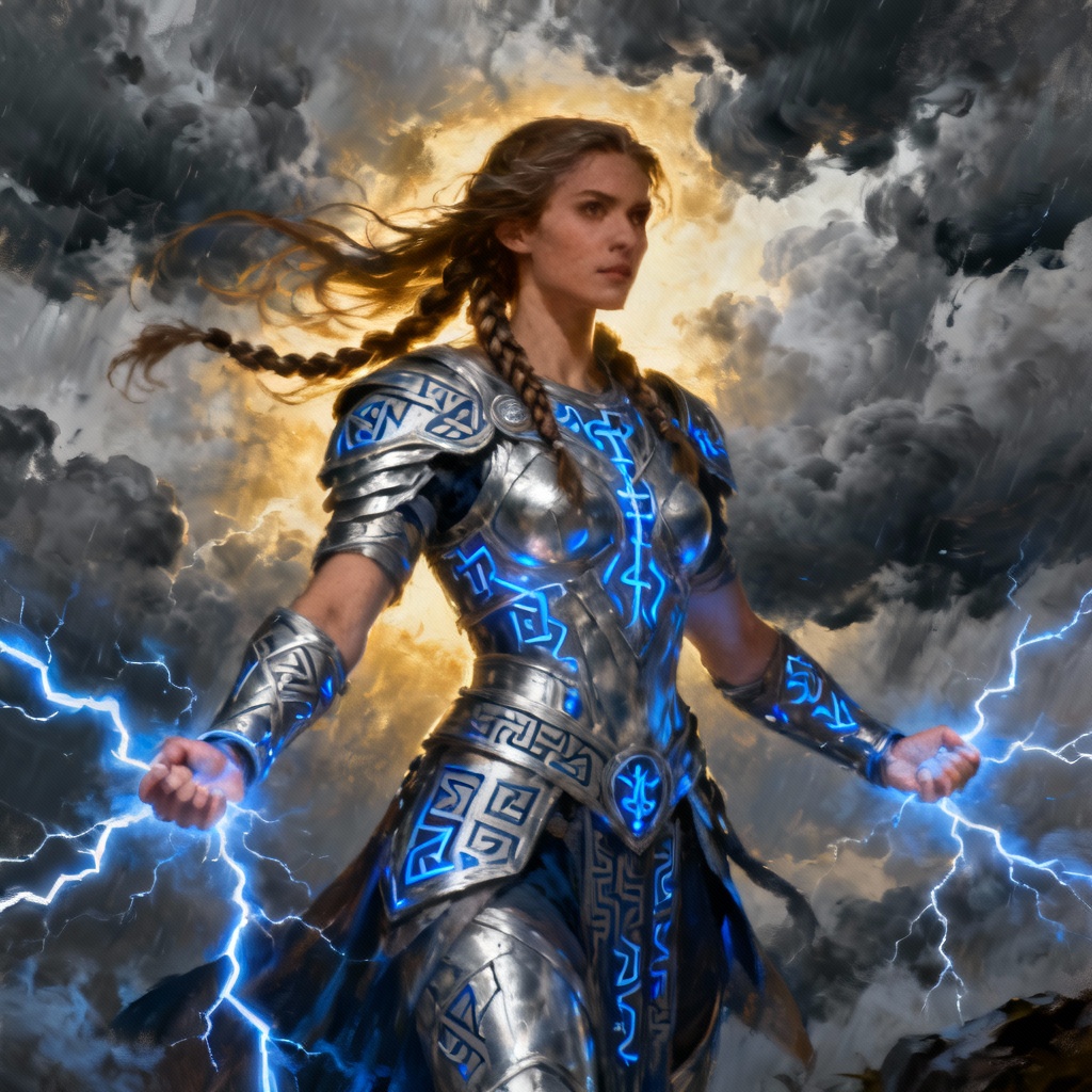 AI valkyrie superhero calling lightning in stormy sky