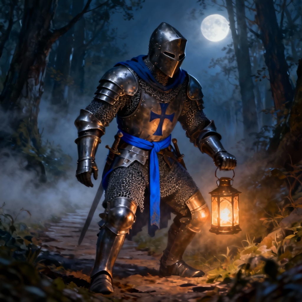 AI templar knight under moonlight holding a lantern