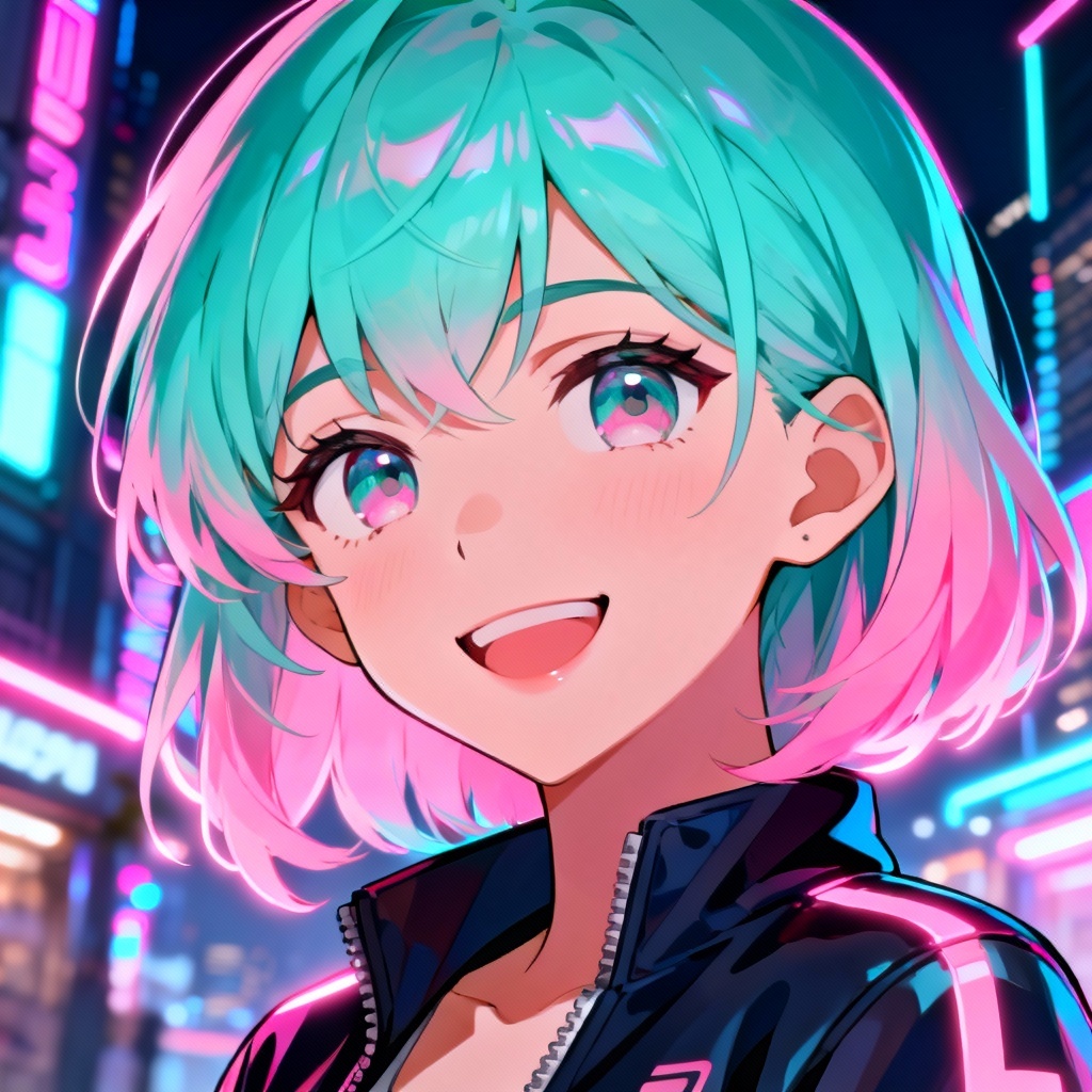 AI waifu portrait with neon city backdrop and glowing accents