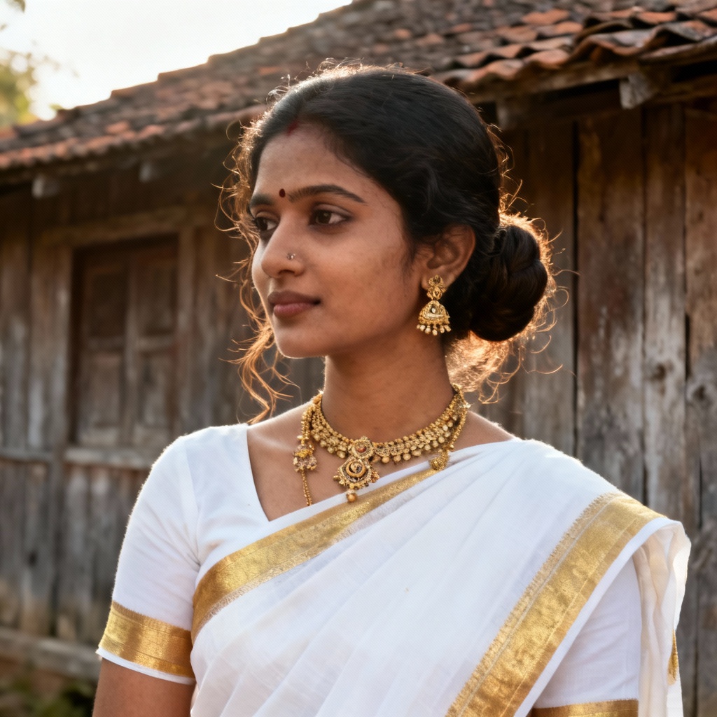 AI Kerala kasavu saree look