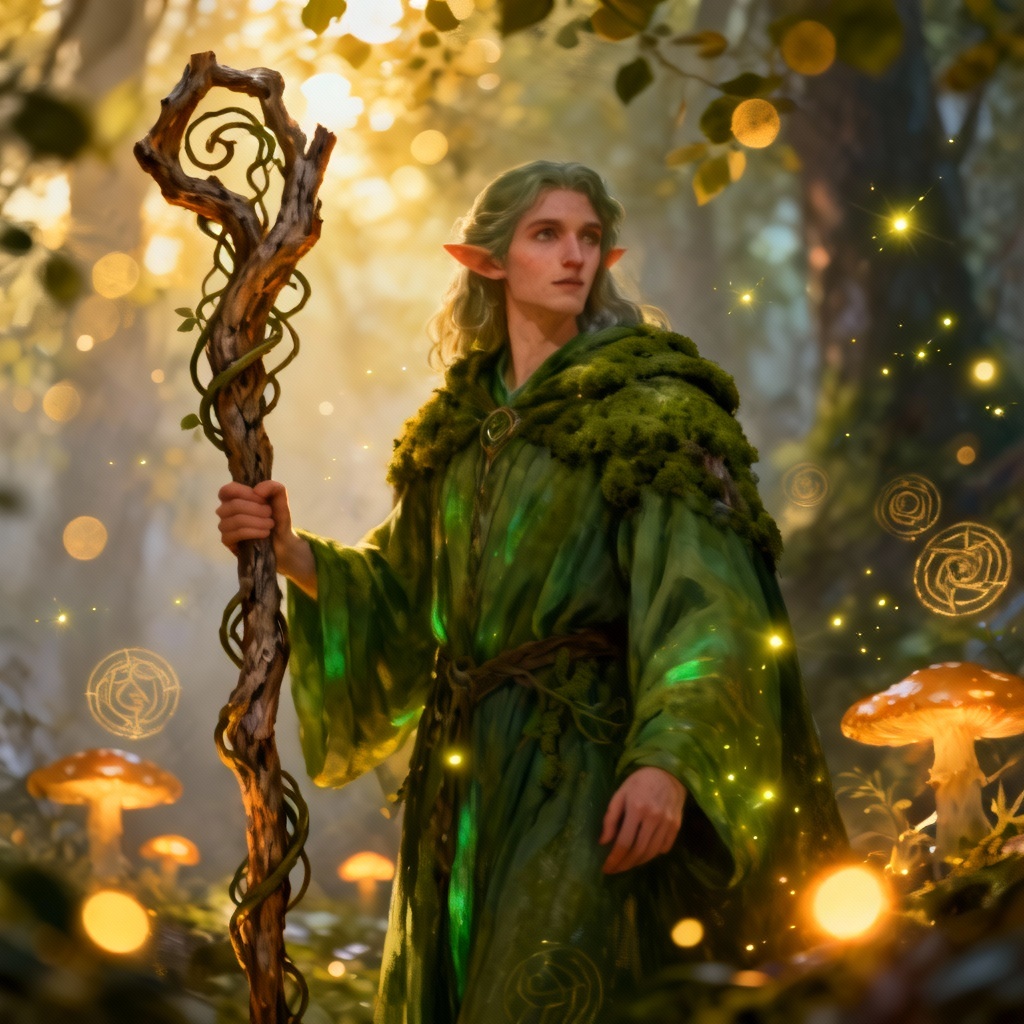 AI druid magician in an enchanted forest