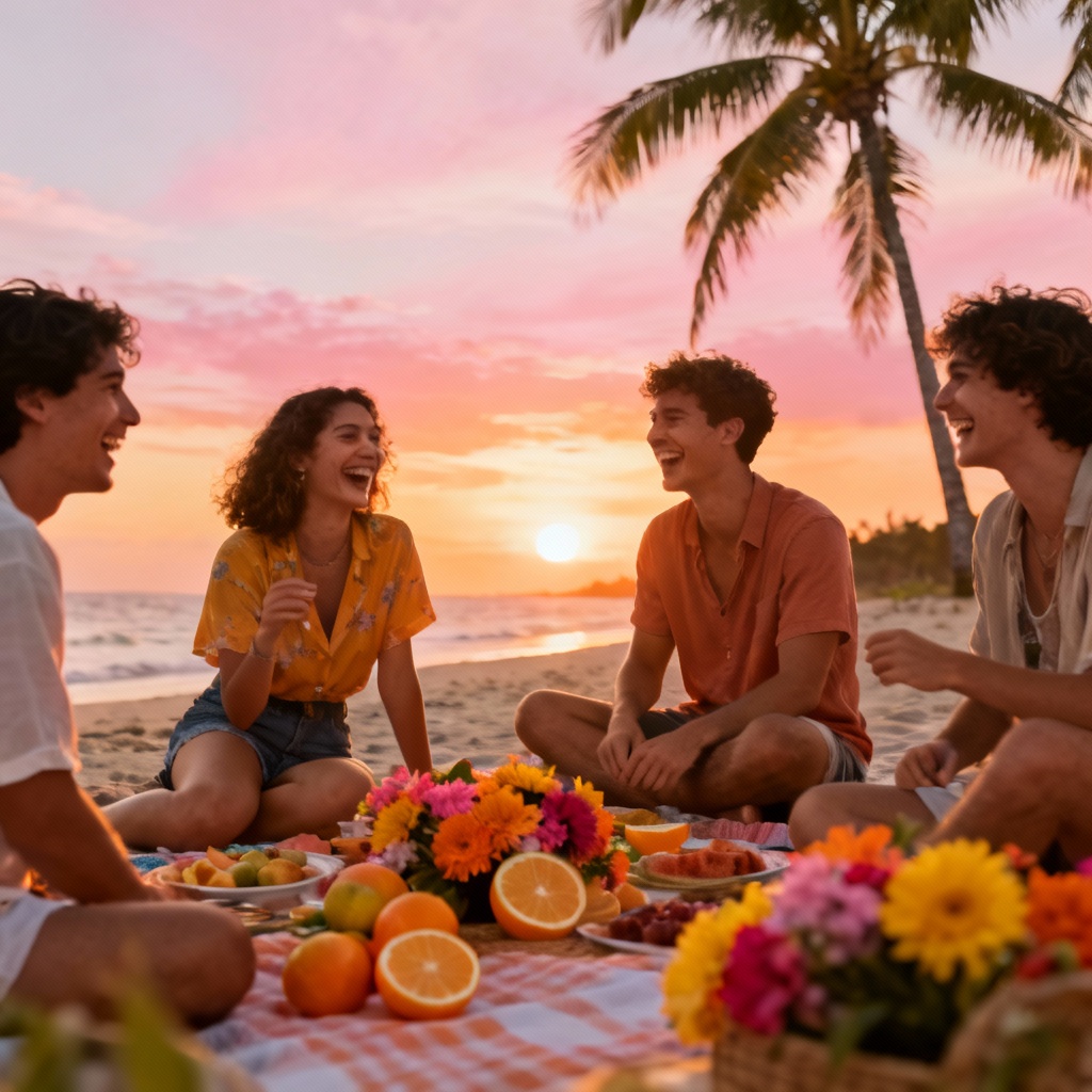 AI warm season beach picnic at golden hour with palm trees