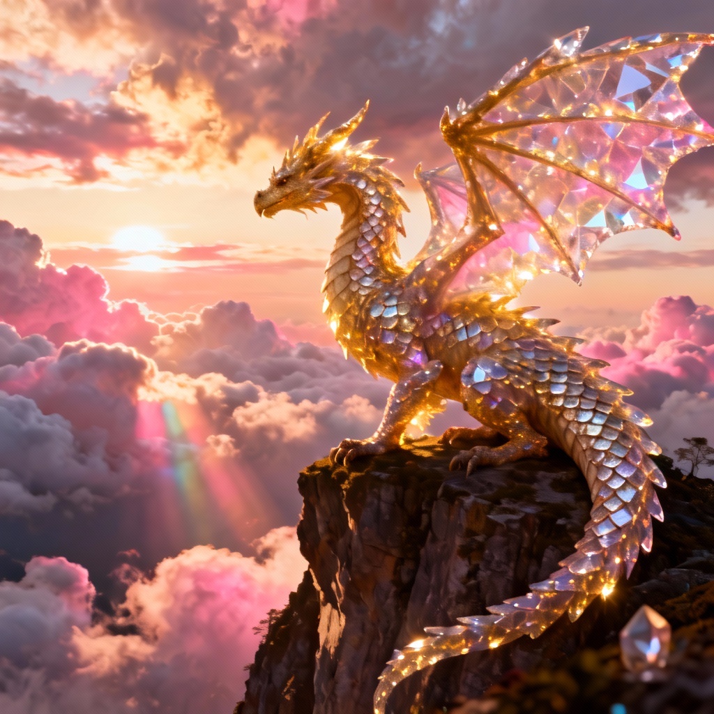 AI crystal dragon guardian shining at sunrise