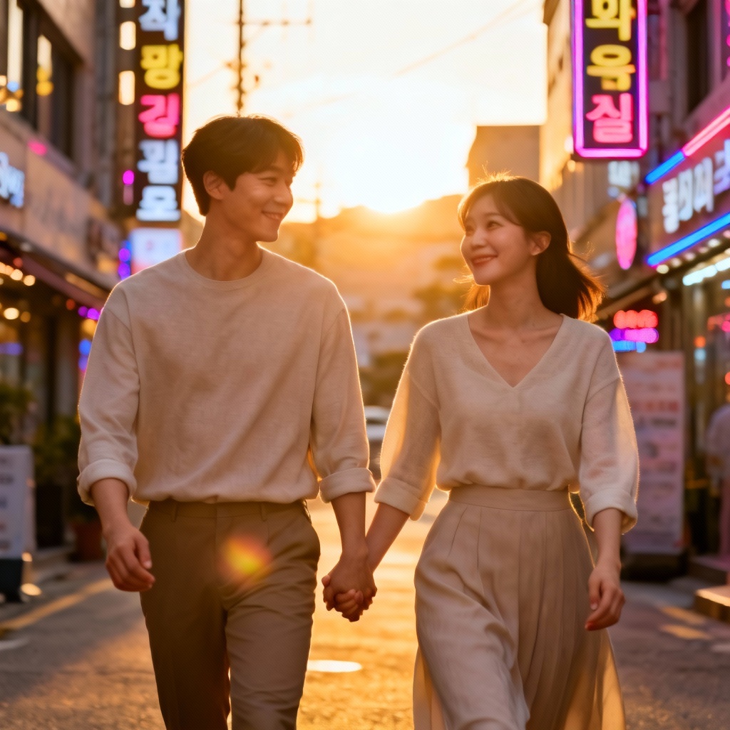 AI Korean couple walking in Seoul at sunset