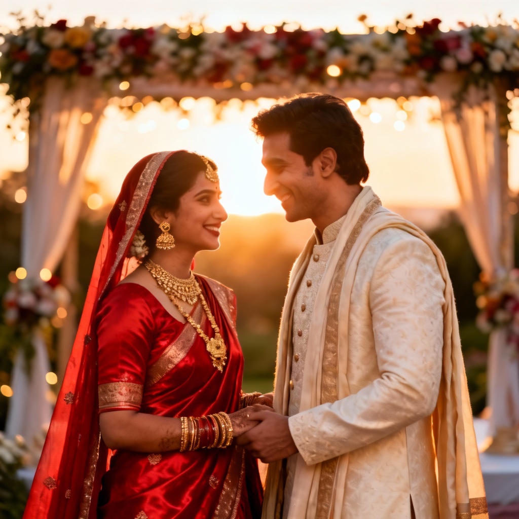 AI Indian couple wedding portrait at golden hour