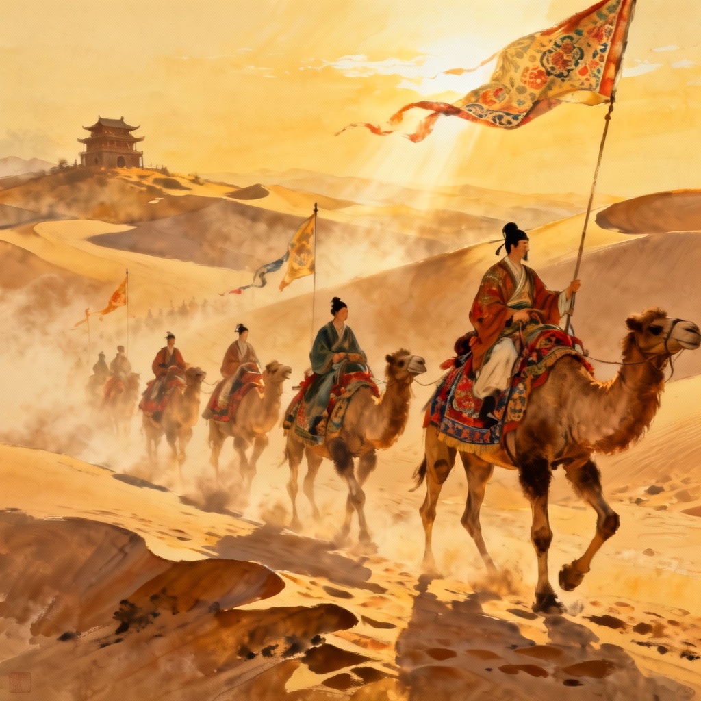 AI Silk Road caravan across desert in ancient China