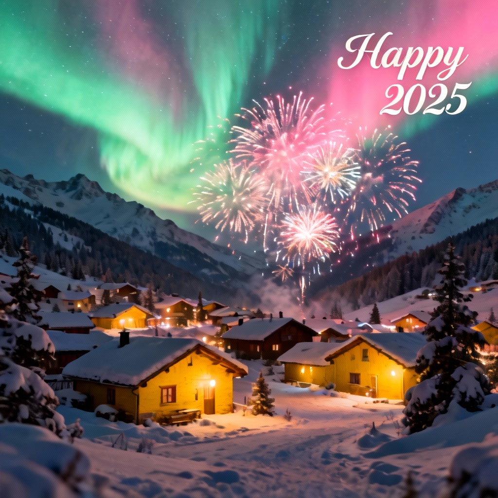 AI New Year Eve snowy town with fireworks and Happy 2025 text
