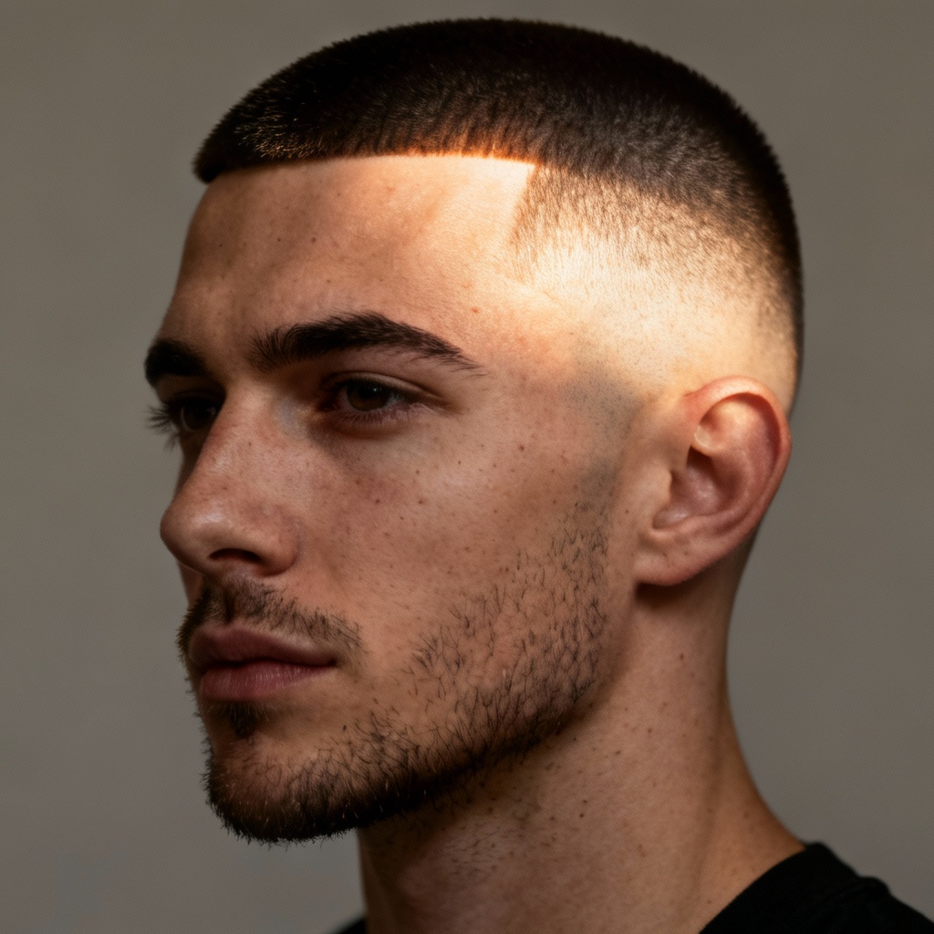 AI high fade buzz cut close-up