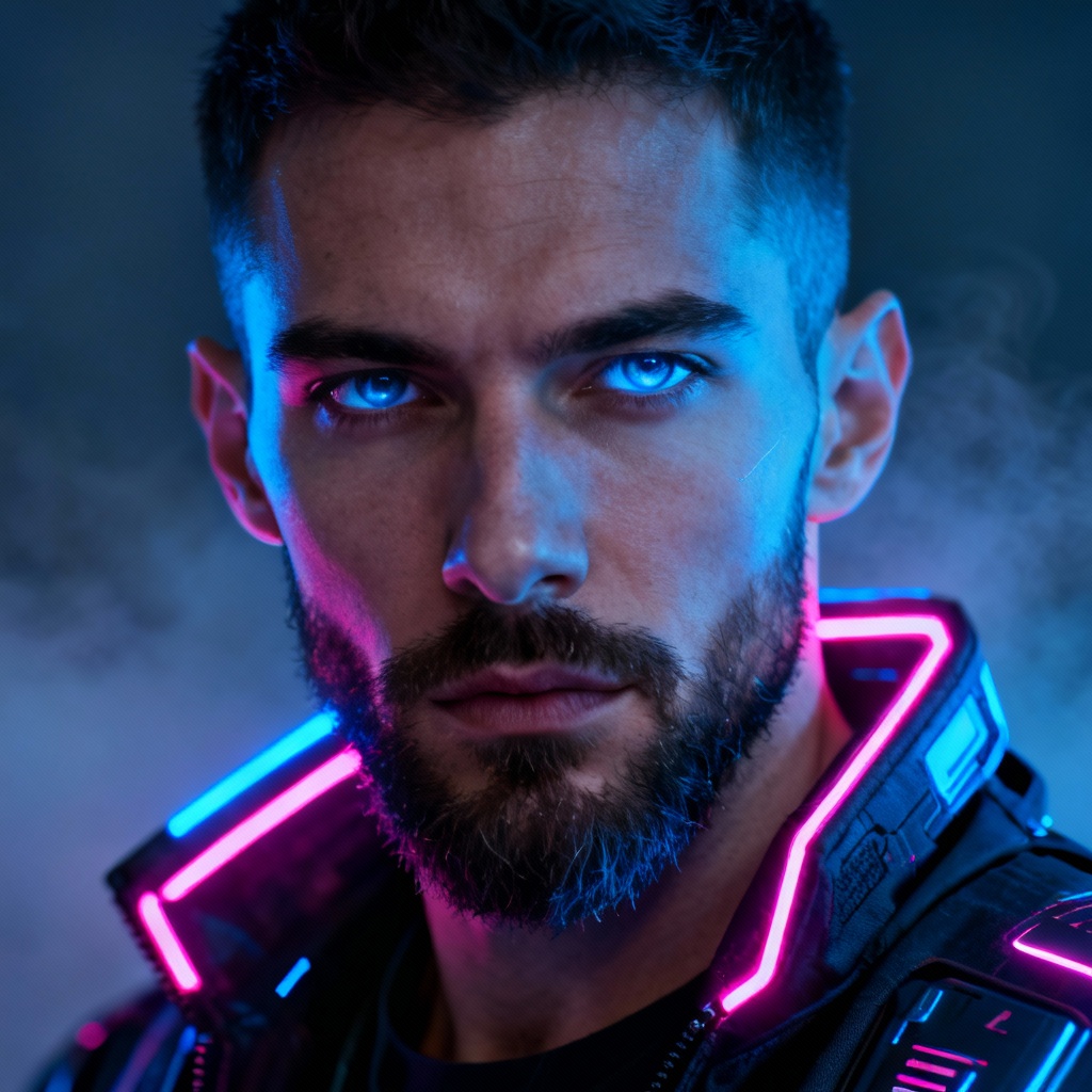 AI cyberpunk masculine portrait with neon highlights