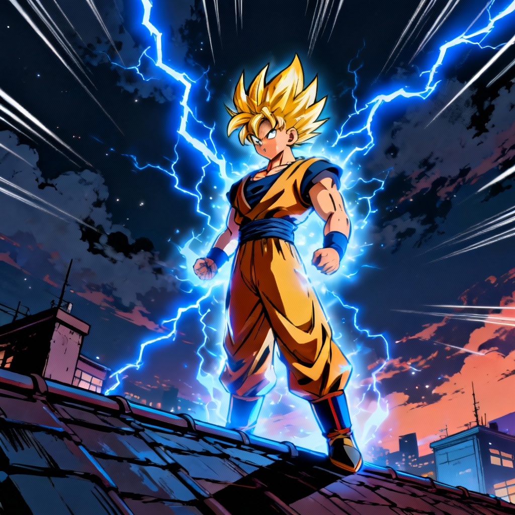 AI Super Saiyan awakening on city rooftop with lightning
