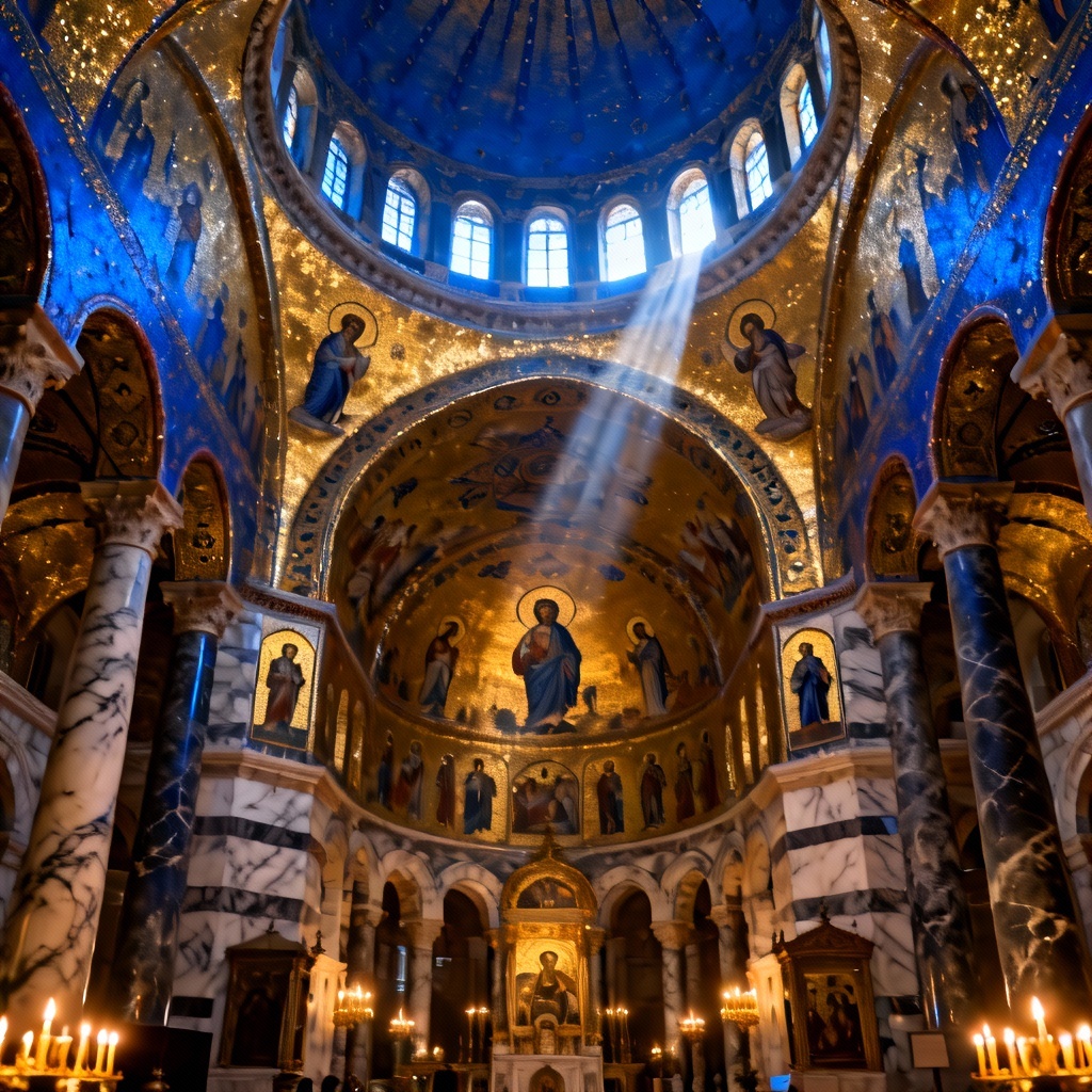 AI Byzantine basilica interior with golden mosaics and domes