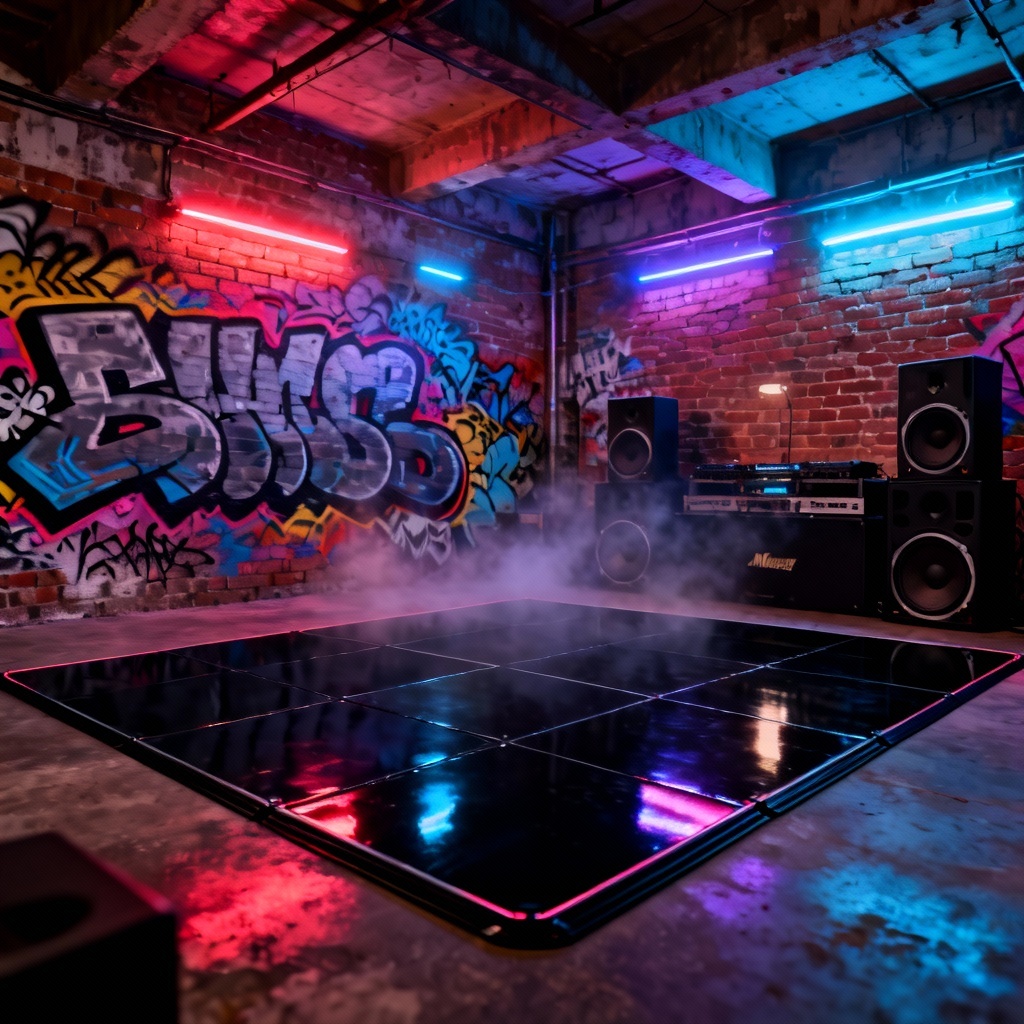 AI render of hip hop warehouse dance studio with neon lighting