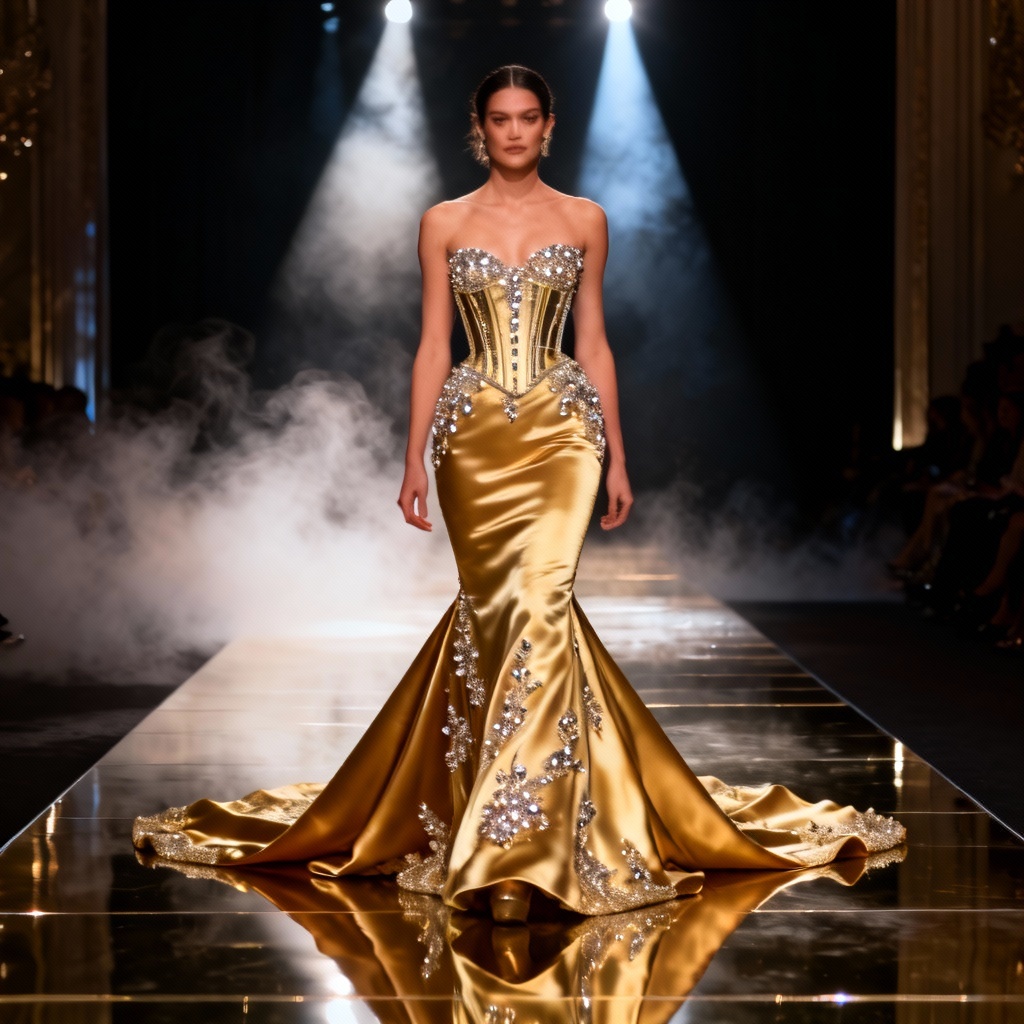 AI Met Gala dress concept with gold embroidery and dramatic train