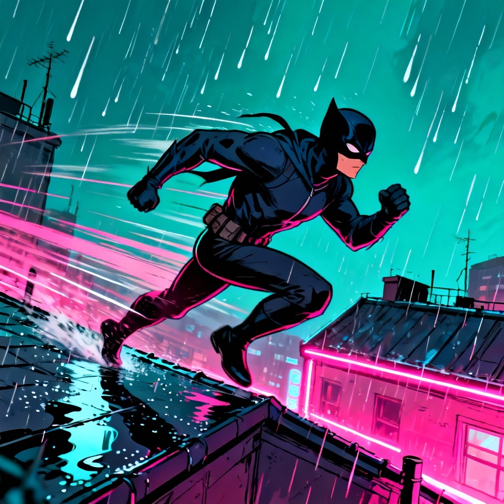 AI manhwa urban vigilante running at night