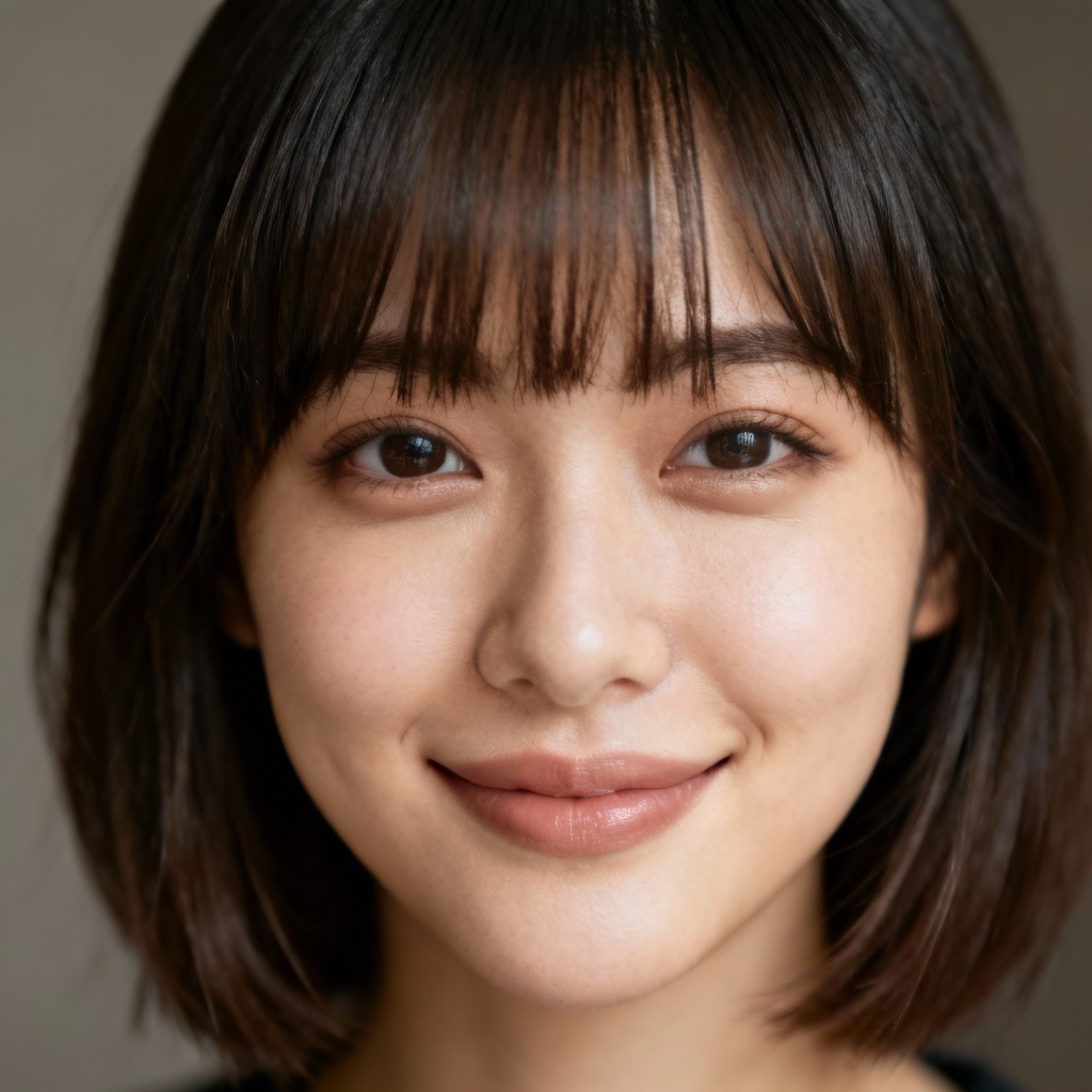 AI makeover adding curtain bangs to a portrait