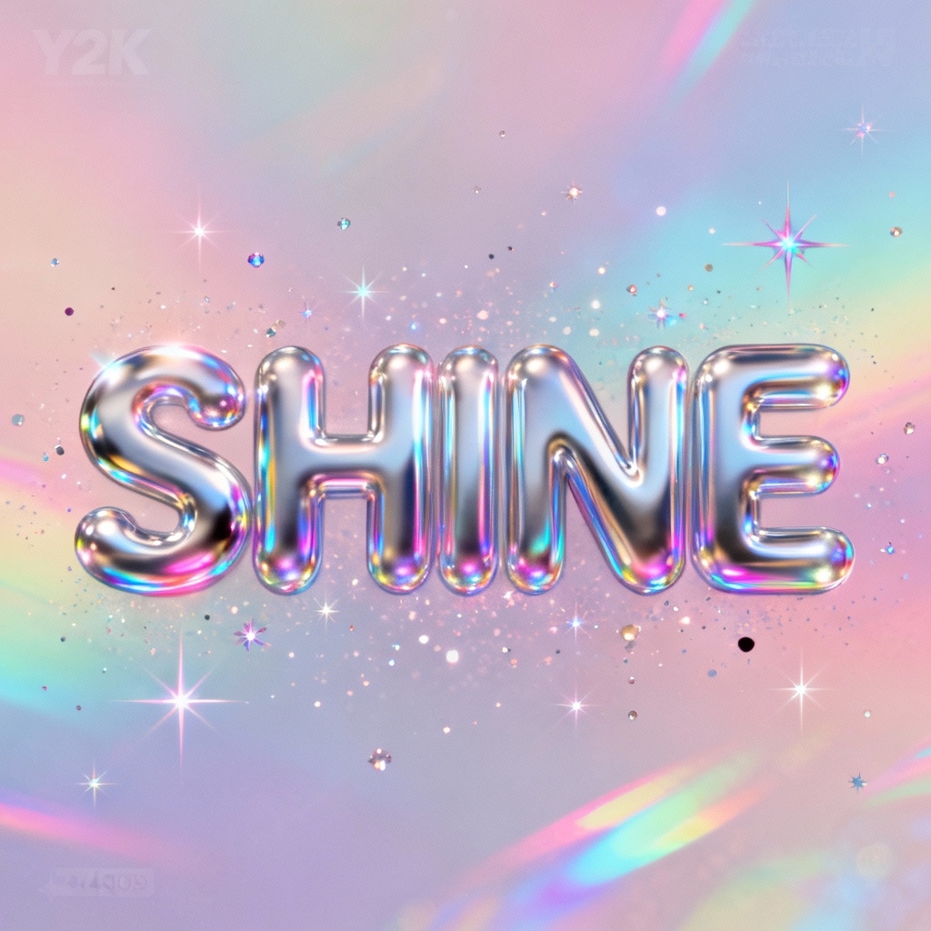 Chrome text Y2K wallpaper with holographic gradient and sparkles