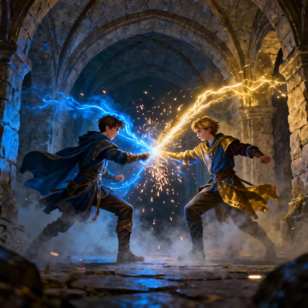 AI wand duel scene in stone corridor