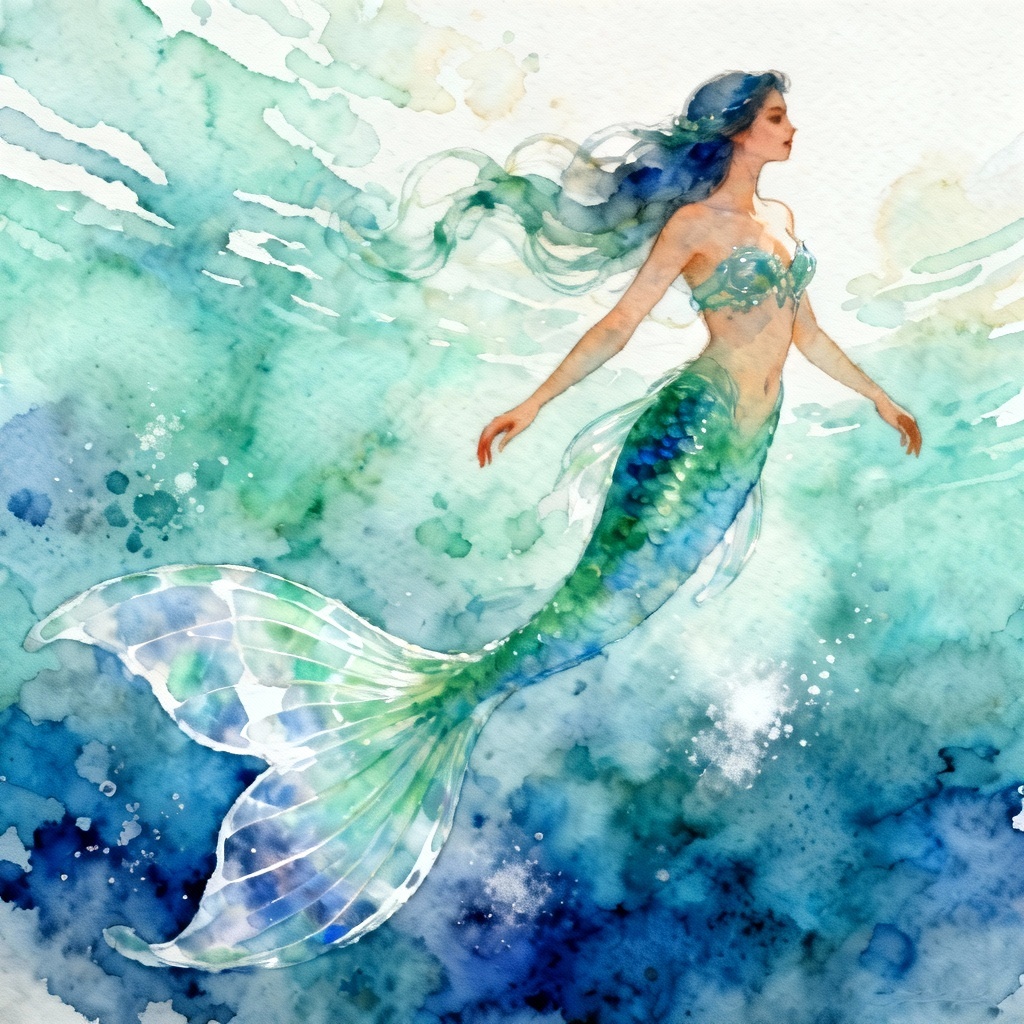 AI Watercolor Mermaid Dancing Underwater