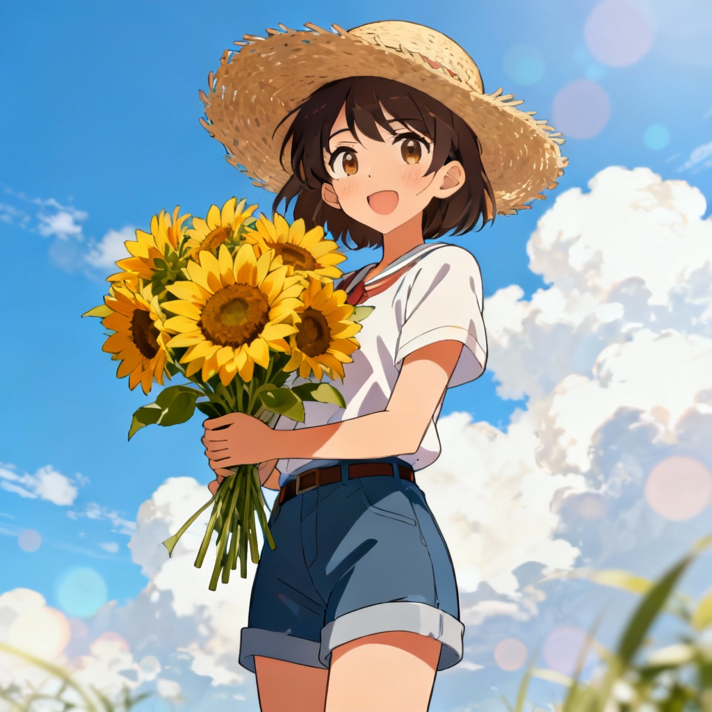Anime character holding sunflowers with bright sky