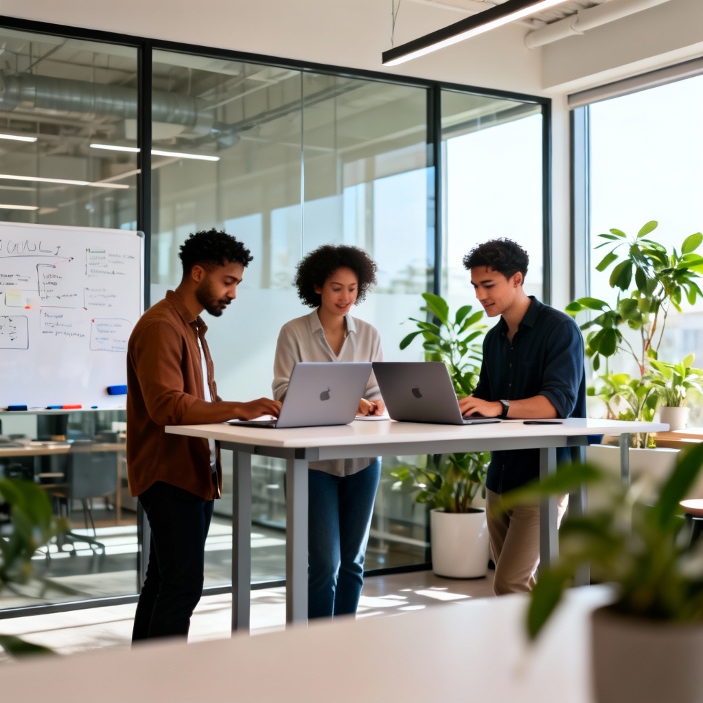 AI workplace photo of diverse team collaborating in modern office