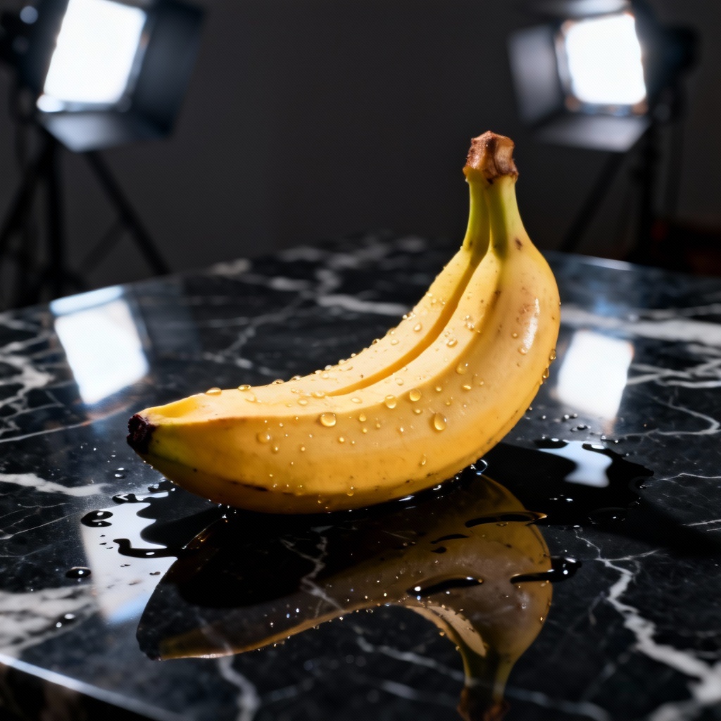 Photorealistic banana with water droplets for food ad