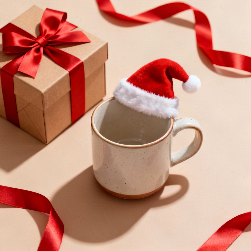 Holiday product flatlay with AI-added Santa hat