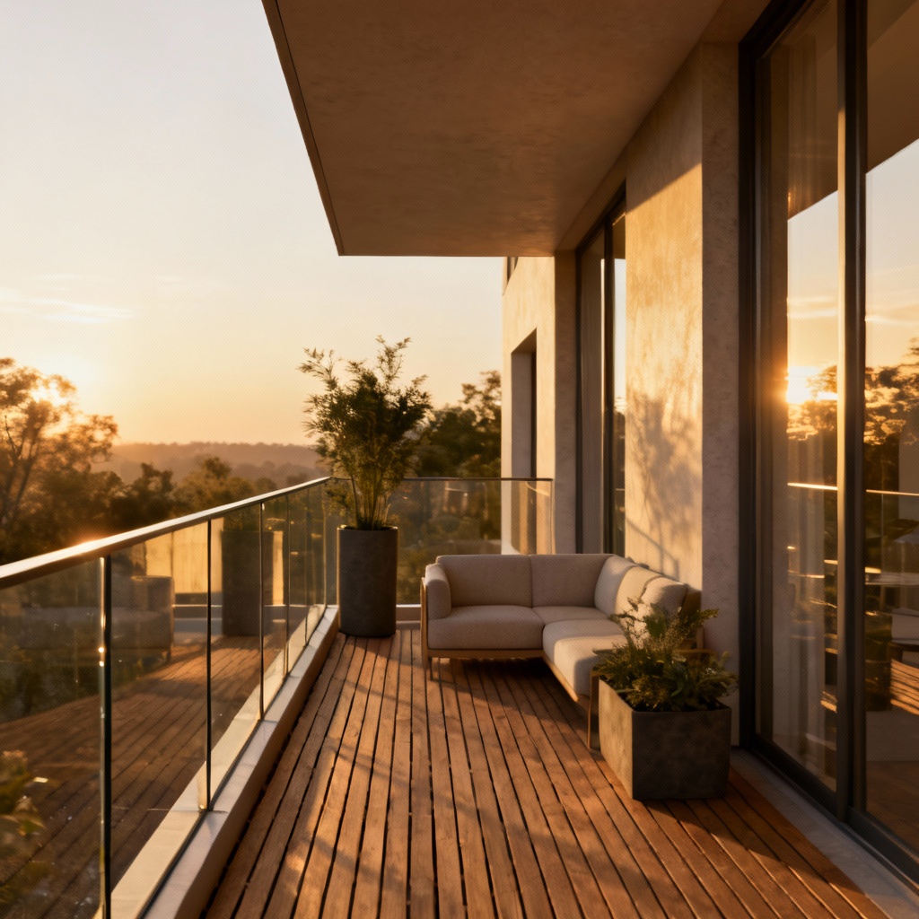 Modern glass balcony with city skyline