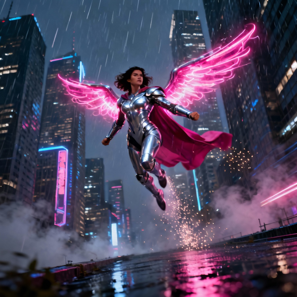 AI-generated superheroine flying over neon city with energy wings