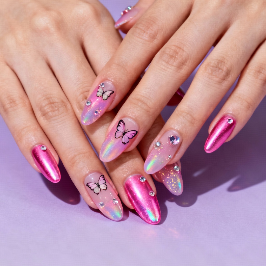 AI Y2K nails mockup with pink chrome, aura gradients, and butterfly decals