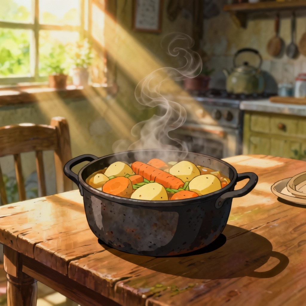 AI ghibli food art of a bubbling stew in a cozy cottage kitchen