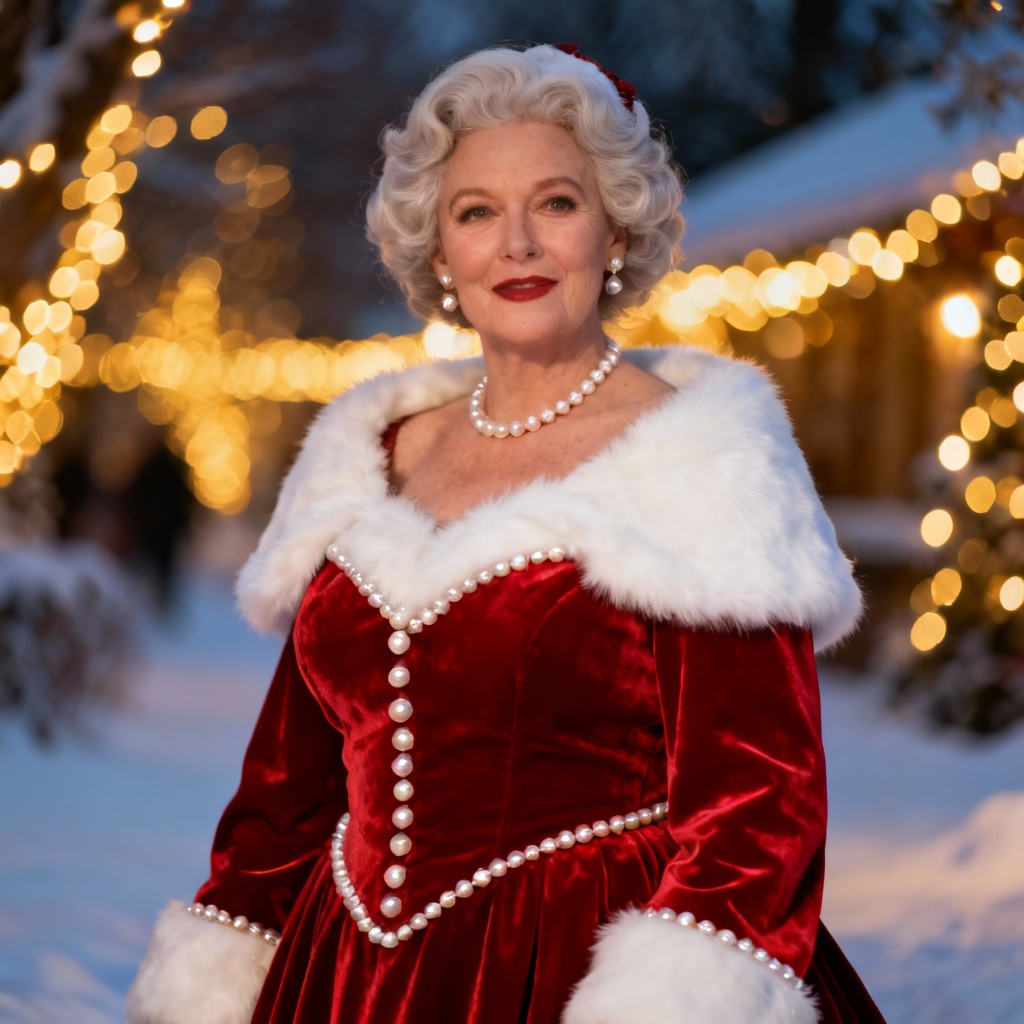 AI Mrs. Claus glamorous holiday dress