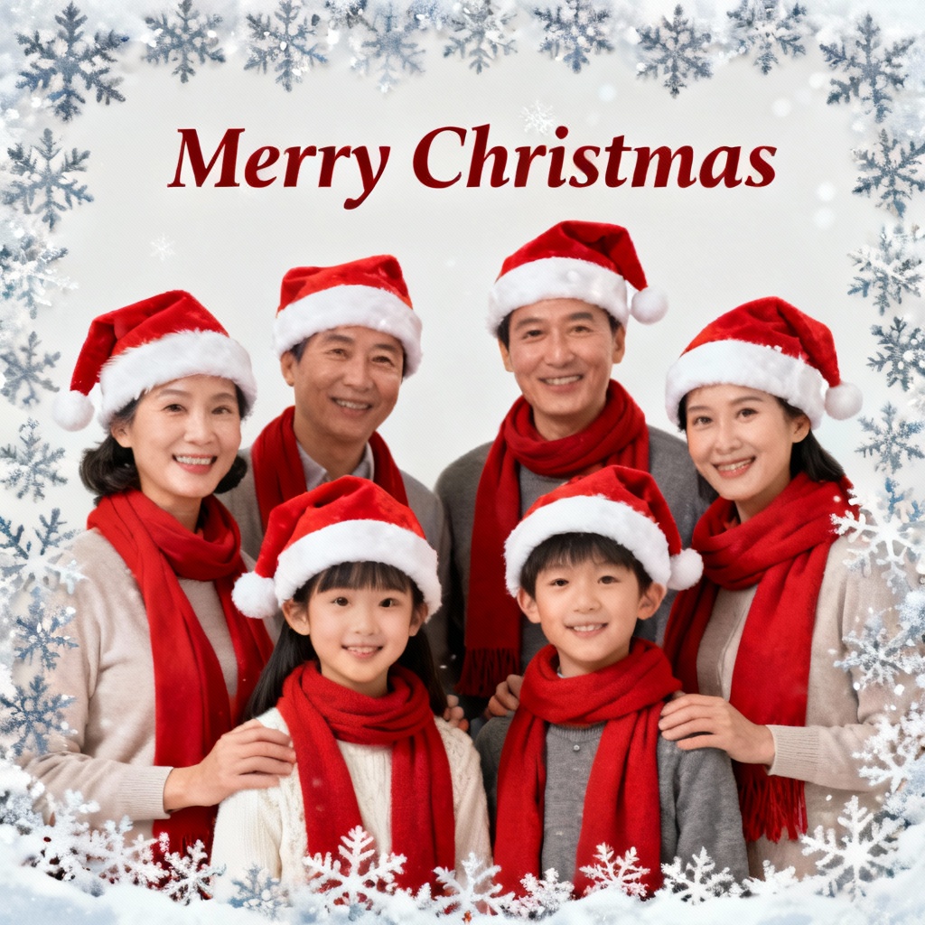 Family photo with Santa hats and festive frame