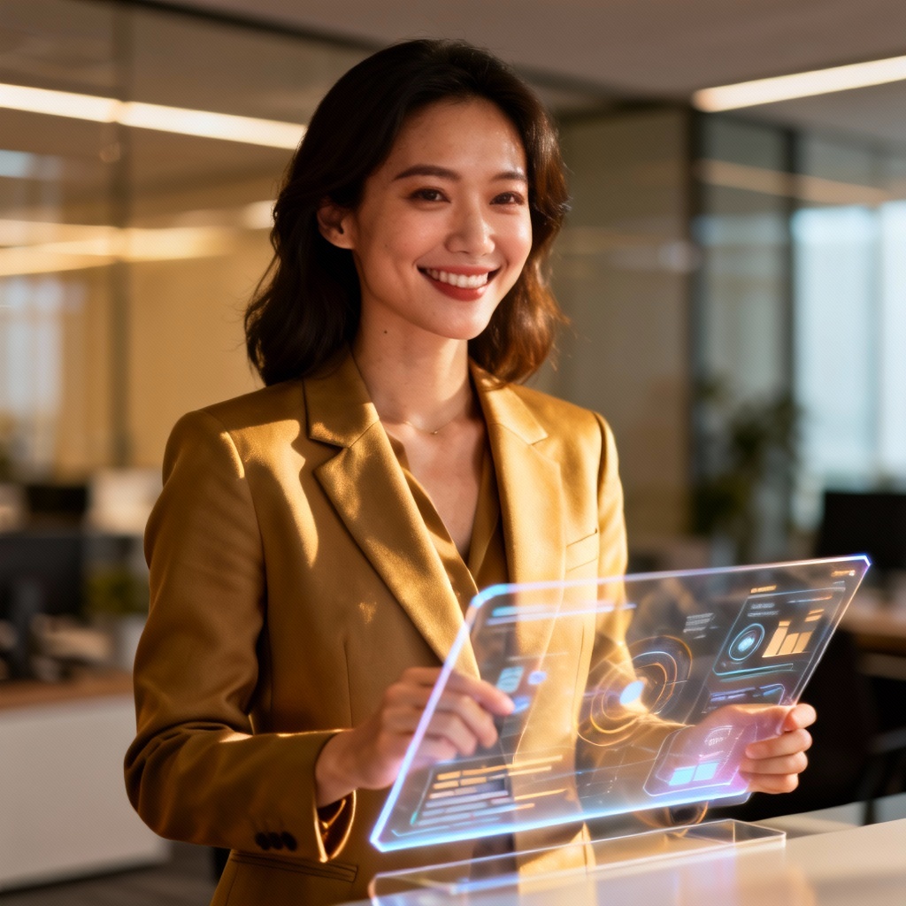 AI photoreal STEM leader presenting data with confident smile