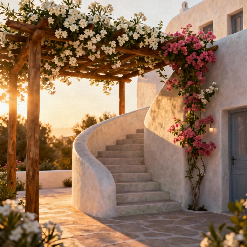 AI architectural render of a Cycladic villa exterior in Santorini