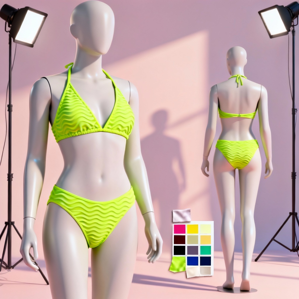 AI swimwear design mockup on 3D mannequin with neon ripple bikini